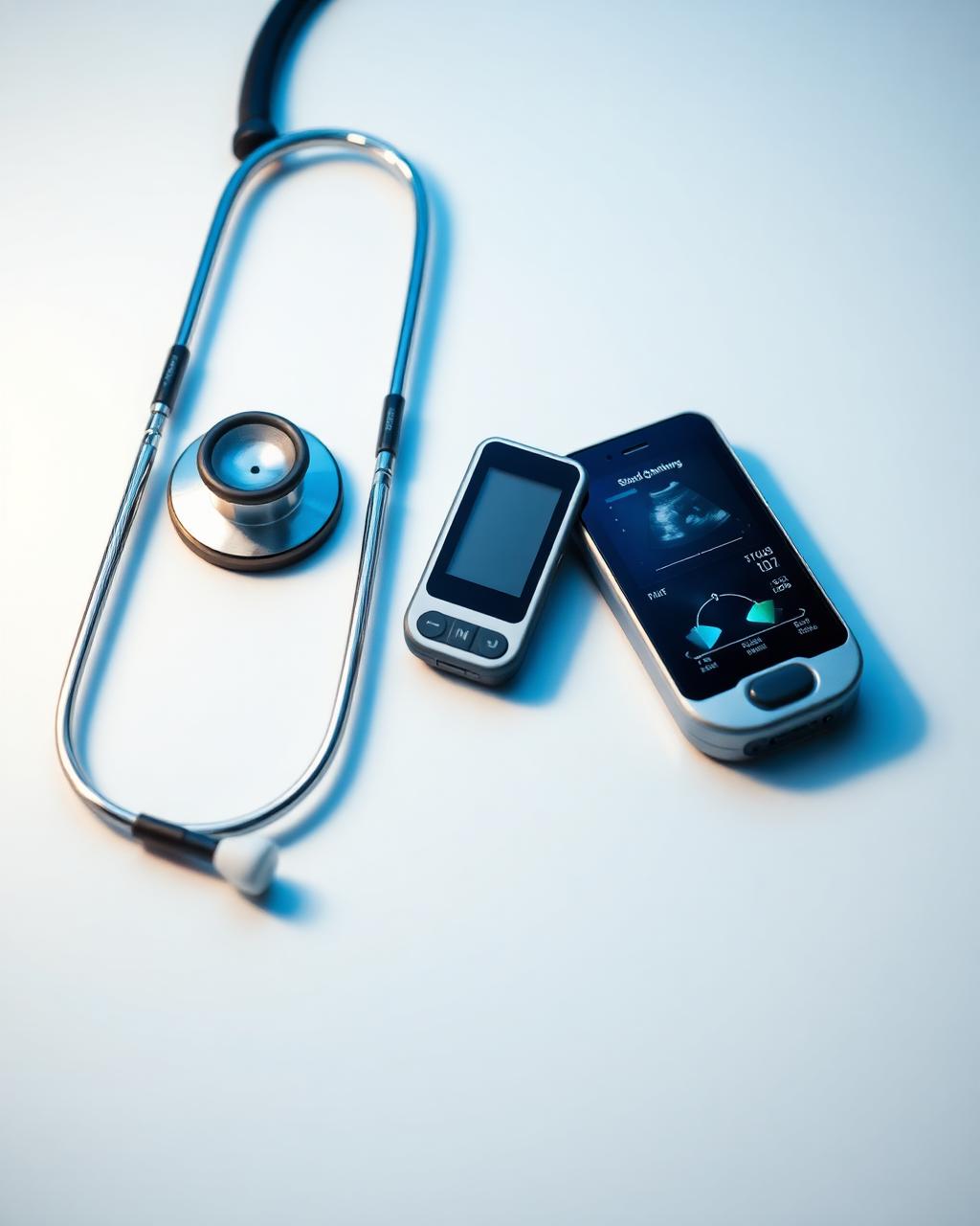 Instruments médicaux : stéthoscope, lecteur de glycémie et échographe